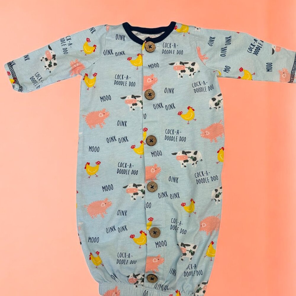 Mud Pie Baby Boys Blue Farm Print Cotton Sleep Gown Size 0-3 Months EUC